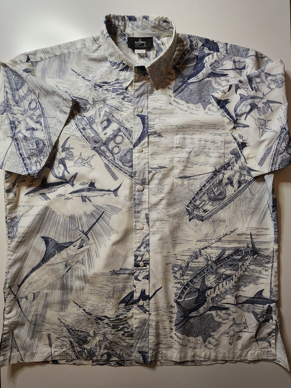 Vintage Guy Harvey Blue on White Nautical Camp Shirt